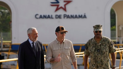 Panama Canal Authority Administrator Ricaurte Vasquez, left, Pete Hegseth, center, and Southcom Commander Navy Adm. Alvin Holsey posed for a photo during a tour of the Panama Canal's Miraflores Locks, in Panama City, Tuesday, April 8, 2025. (AP Photo/Matias Delacroix) (AP) Panama Canal Authority Administrator Ricaurte Vasquez, left, Pete Hegseth, center, and Southcom Commander Navy Adm. Alvin Holsey posed for a photo during a tour of the Panama Canal's Miraflores Locks, in Panama City, Tuesday, April 8, 2025. (AP Photo/Matias Delacroix) (AP)