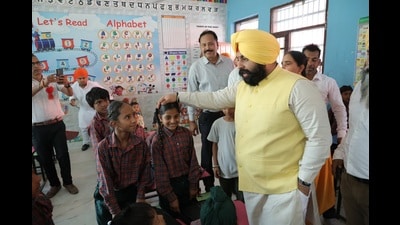 Punjab school education minister Harjot Singh Bains at a school in Mehdipur village in Tarn Taran district on Wednesday. Punjab school education minister Harjot Singh Bains at a school in Mehdipur village in Tarn Taran district on Wednesday.