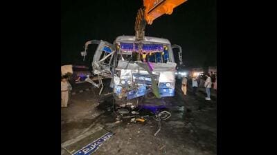 The Punjab Roadways bus which rammed into a crane in Karnal on Tuesday night. (HT Photo)