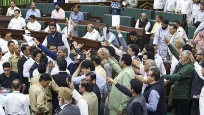 The speaker reminded the members that the issue was sub-judice with 12 writ petitions pending before the Supreme Court and that the Act had been passed by the Parliament — not the J&K Assembly. (HT Photo)