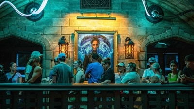 Guest wait in line for the Monsters Unchained: The Frankenstein Experiment amusement ride in the Dark Universe area, at the Epic Universe theme park in Orlando, Florida, US, on Saturday, April 5, 2025. Photographer: Thomas Simonetti/Bloomberg (Bloomberg)