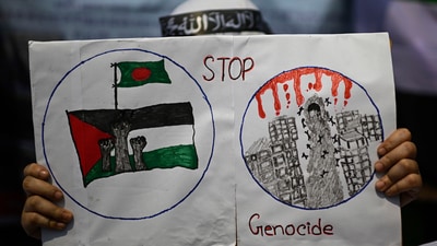 A student holds a banner during a protest against the attacks on Gaza by Israel, in Dhaka, Bangladesh, Monday, April 7, 2025. (AP) A student holds a banner during a protest against the attacks on Gaza by Israel, in Dhaka, Bangladesh, Monday, April 7, 2025. (AP)