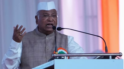 Congress Party President Mallikarjun Kharge speaks during All India Congress Committee's national convention in Ahmedabad, India, Wednesday, April 9, 2025. (AP) Congress Party President Mallikarjun Kharge speaks during All India Congress Committee's national convention in Ahmedabad, India, Wednesday, April 9, 2025. (AP)