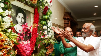 Actor Rajinikanth pays floral tributes to former Tamil Nadu Chief Minister J Jayalalithaa on her 77th birth anniversary, at her residence, Poes Garden in Chennai in February. (Lakshmi) Actor Rajinikanth pays floral tributes to former Tamil Nadu Chief Minister J Jayalalithaa on her 77th birth anniversary, at her residence, Poes Garden in Chennai in February. (Lakshmi)