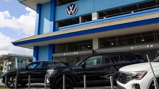 New vehicles displayed for sale at a Volkswagen AG (VW) dealership in Miami, Florida, US, on Saturday, April 5, 2025. Car buyers have been rushing to US showrooms to lock in deals. (Bloomberg)