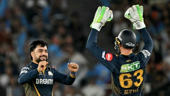 GT vs RR IPL Highlights 2025, Gujarat Titans vs Rajasthan Royals: Rashid Khan celebrates a wicket with Jos Buttler.