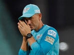Lucknow Super Giants head coach Justin Langer during warm-up before the match 