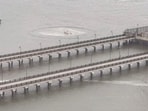 A view shows the scene of a helicopter crash on the Hudson River near lower Manhattan, as seen from Jersey City,