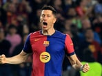 FC Barcelona's Robert Lewandowski celebrates scoring their second goal 