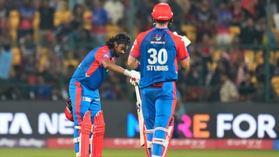 KL Rahul smashed an unbeaten 93 in 53 balls as he first stopped Delhi Capitals' sink and then switched gears to end up powering them to a six-wicket win over the Royal Challengers Benglauru (RCB) at the Chinnaswamy Stadium. DC have now started the season off with four consecutive wins while RCB have lost both of the first two matches they have played at home while ending streaks at the Chepauk Stadium and Wankhede Stadium. (AP) KL Rahul smashed an unbeaten 93 in 53 balls as he first stopped Delhi Capitals' sink and then switched gears to end up powering them to a six-wicket win over the Royal Challengers Benglauru (RCB) at the Chinnaswamy Stadium. DC have now started the season off with four consecutive wins while RCB have lost both of the first two matches they have played at home while ending streaks at the Chepauk Stadium and Wankhede Stadium. (AP)