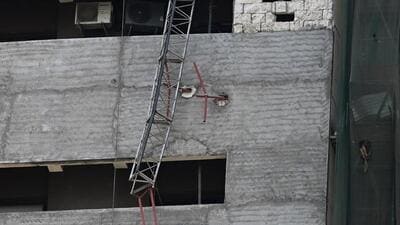 Mumbai, India. 10, 2025: Bimal Rana, a 25-year-old construction labourer, lost his life after a construction lift collapsed from the 12th floor of the World Trade Center in the Cuffe Parade area of South Mumbai. Mumbai, India. Apr 10, 2025. (Photo by Raju Shinde/HT Photo) (Hindustan Times) Mumbai, India. 10, 2025: Bimal Rana, a 25-year-old construction labourer, lost his life after a construction lift collapsed from the 12th floor of the World Trade Center in the Cuffe Parade area of South Mumbai. Mumbai, India. Apr 10, 2025. (Photo by Raju Shinde/HT Photo) (Hindustan Times)