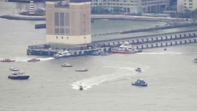 This aerial image taken from video shows rescue vessels on site of helicopter crash on the Hudson River in New York, Thursday, April 10, 2025. (WABC-TV via AP) (AP) This aerial image taken from video shows rescue vessels on site of helicopter crash on the Hudson River in New York, Thursday, April 10, 2025. (WABC-TV via AP) (AP)
