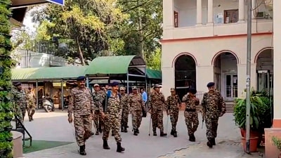 Tight security arrangements at Patiala House Courts, New Delhi, on Thursday, April 10, 2025, ahead of the arrival of Tahawwur Rana, a co-conspirator in the 26/11 Mumbai terror attacks. (PTI)
