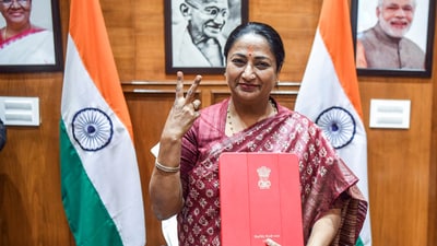 Chief minister Rekha Gupta poses with the Delhi Budget document at her office. (ANI Photo) Chief minister Rekha Gupta poses with the Delhi Budget document at her office. (ANI Photo)