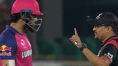 Riyan Parag did not agree with the third umpire's decision Riyan Parag did not agree with the third umpire's decision