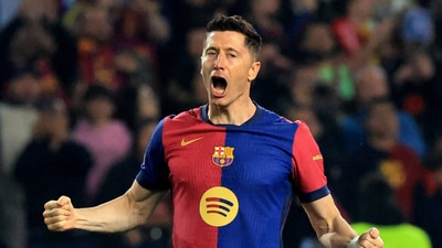 FC Barcelona's Robert Lewandowski celebrates scoring their second goal (REUTERS)