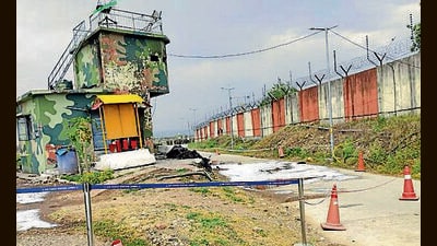 The spot where the UAV crashed at the technical airport in Satwari. (HT Photo)