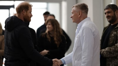 Britain's Prince Harry, Duke of Sussex, during a visit to the Superhumans Centre in Lviv. (AFP) Britain's Prince Harry, Duke of Sussex, during a visit to the Superhumans Centre in Lviv. (AFP)
