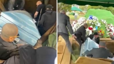 Funeral in Philadelphia turns tragic as pallbearers fall into grave during burial of Benjamin Aviles. (X/@CollinRugg) Funeral in Philadelphia turns tragic as pallbearers fall into grave during burial of Benjamin Aviles. (X/@CollinRugg)