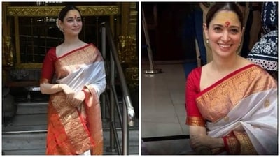 Tamannaah Bhatia wears a temple prasad saree for temple visit. Tamannaah Bhatia wears a temple prasad saree for temple visit.