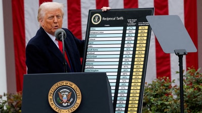 US President Donald Trump delivers remarks on tariffs in the Rose Garden at the White House in Washington, on April 2. (REUTERS)