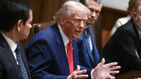 US President Donald Trump, alongside Secretary of State Marco Rubio (L) and Secretary of Defense Pete Hegseth (R), speaks during a cabinet meeting in the Cabinet Room of the White House. (AFP)