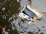 Debris floats in the water at the scene where a helicopter crashed in the Hudson River in Jersey City, New Jersey, US, on Thursday, April 10, 2025. Debris floats in the water at the scene where a helicopter crashed in the Hudson River in Jersey City, New Jersey, US, on Thursday, April 10, 2025.