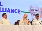 Union home minister Amit Shah with AIADMK general secretary Edappadi K Palaniswami and Tamil Nadu BJP president K Annamalai in Chennai on Friday. (PTI) Union home minister Amit Shah with AIADMK general secretary Edappadi K Palaniswami and Tamil Nadu BJP president K Annamalai in Chennai on Friday. (PTI)
