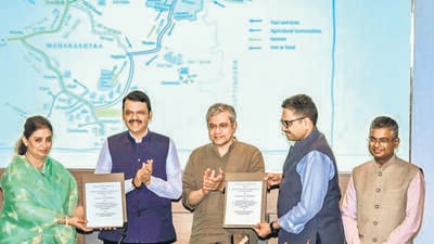 **EDS: THIRD PARTY IMAGE** In this image released by @CMOMaharashtra via X on Friday, April 11, 2025, Union Minister Ashwini Vaishnaw with Maharashtra Chief Minister Devendra Fadnavis witness the signing and exchange of MoU between Government of India and Government of Maharashtra for the development of Indian Institute of Creative Technology (IICT). (@CMOMaharashtra on X via PTI Photo) (PTI04_11_2025_000214B) (@CMOMaharashtra) **EDS: THIRD PARTY IMAGE** In this image released by @CMOMaharashtra via X on Friday, April 11, 2025, Union Minister Ashwini Vaishnaw with Maharashtra Chief Minister Devendra Fadnavis witness the signing and exchange of MoU between Government of India and Government of Maharashtra for the development of Indian Institute of Creative Technology (IICT). (@CMOMaharashtra on X via PTI Photo) (PTI04_11_2025_000214B) (@CMOMaharashtra)