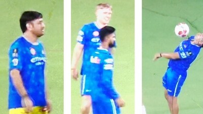 MS Dhoni, Ruturaj Gaikwad enjoy a game of football before CSK vs KKR toss. MS Dhoni, Ruturaj Gaikwad enjoy a game of football before CSK vs KKR toss.