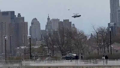 In this photo taken from video, a helicopter falls from the sky into the Hudson River , Thursday, April 10, 2025, in Jersey City, N.J. (Bruce Wall via AP) (AP) In this photo taken from video, a helicopter falls from the sky into the Hudson River , Thursday, April 10, 2025, in Jersey City, N.J. (Bruce Wall via AP) (AP)