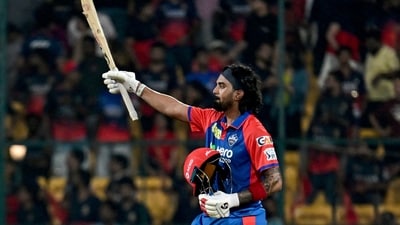 Delhi Capitals' KL Rahul gestures to the crowd as he celebrates his team's win. (AFP) Delhi Capitals' KL Rahul gestures to the crowd as he celebrates his team's win. (AFP)