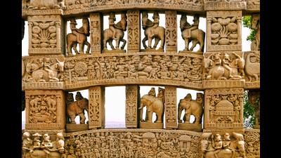 Figures from the Jatakas on pillars at the Sanchi Stupa. (Shutterstock) Figures from the Jatakas on pillars at the Sanchi Stupa. (Shutterstock)