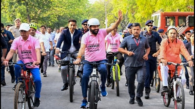 Haryana CM Nayab Saini take part in a Cyclothon 2.0 Yatra organised with the resolve to make Haryana drug-free, in Faridabad. (PTI) Haryana CM Nayab Saini take part in a Cyclothon 2.0 Yatra organised with the resolve to make Haryana drug-free, in Faridabad. (PTI)