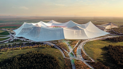 In a nod to Morocco’s rich culture and nomadic past, the Grand Stade Hassan II in Casablanca is being built to resemble a massive tent. (Oualalou + Choi) In a nod to Morocco’s rich culture and nomadic past, the Grand Stade Hassan II in Casablanca is being built to resemble a massive tent. (Oualalou + Choi)