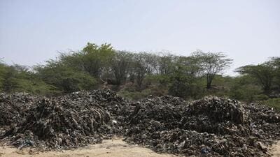 MCG officials confirmed that the site, located about 45 km from Gurugram, was being used round-the-clock to dump untreated legacy waste.HT visited the site and found mixed, unprocessed waste dumped in an open field. (Parveen Kumar/HT Photo)