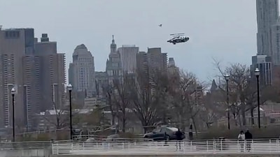 In this photo taken from video, a helicopter falls from the sky into the Hudson River , Thursday, April 10, 2025, in Jersey City, N.J. (Bruce Wall via AP) (AP) In this photo taken from video, a helicopter falls from the sky into the Hudson River , Thursday, April 10, 2025, in Jersey City, N.J. (Bruce Wall via AP) (AP)