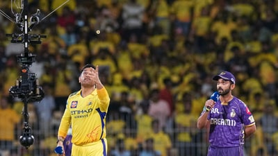 KKR captain Ajinkya Rahane won the toss and chose to bowl first. CSK had earlier announced that their regular skipper Ruturaj Gaikwad was ruled out for the rest of the season and Dhoni, the face of the franchise who had led them to five IPL titles, will be filling in for the rest of the year. (PTI) KKR captain Ajinkya Rahane won the toss and chose to bowl first. CSK had earlier announced that their regular skipper Ruturaj Gaikwad was ruled out for the rest of the season and Dhoni, the face of the franchise who had led them to five IPL titles, will be filling in for the rest of the year. (PTI)
