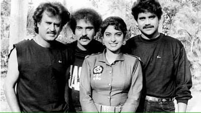 Rajinikanth, Ravinchandran, Juhi Chawla, and Nagarjuna on the sets of Shanti Kranti.