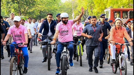 Haryana CM Nayab Saini take part in a Cyclothon 2.0 Yatra organised with the resolve to make Haryana drug-free, in Faridabad. (PTI)