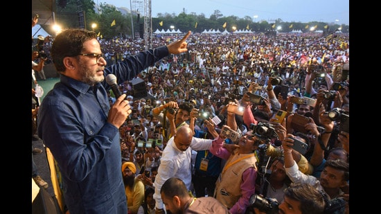 Jan Suraaj chief Prashant Kishor speaks during the 'Bihar Badlav' rally, in Patna, on Friday. (PTI)