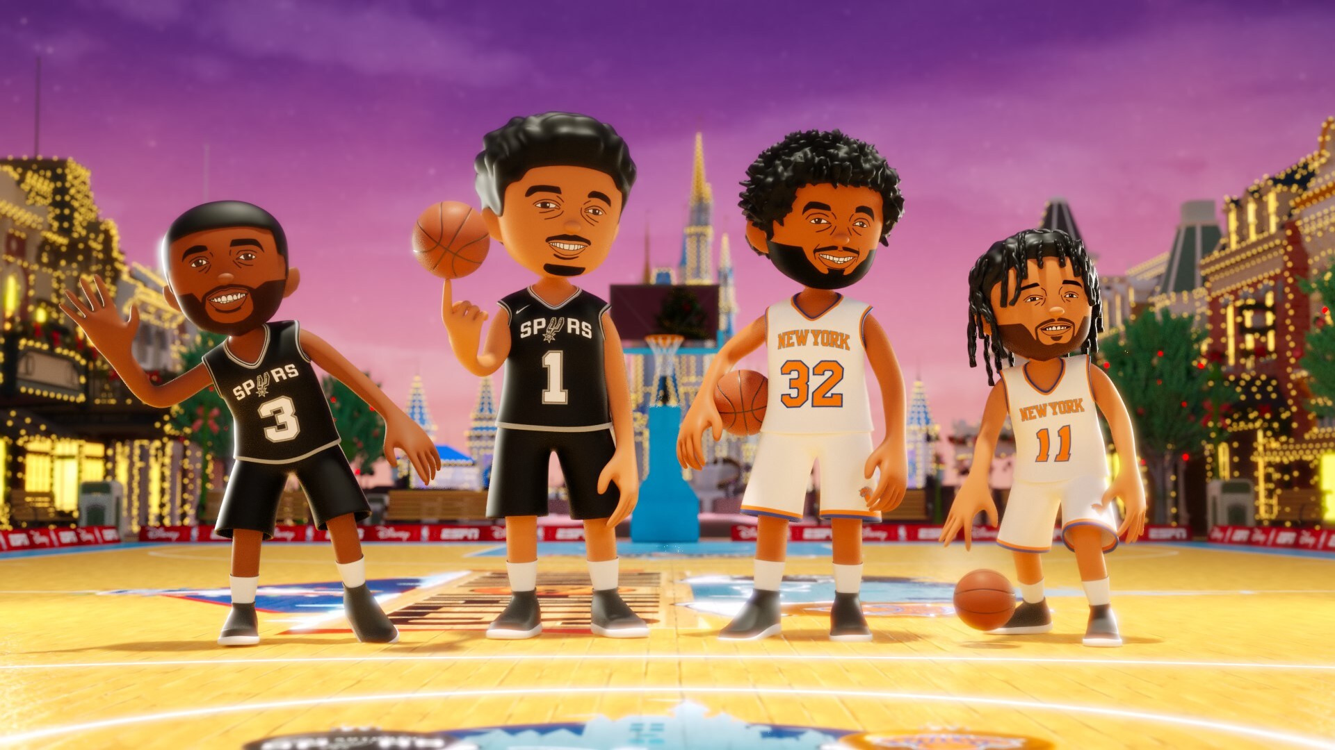 NBA produced a Disney-themed broadcast of the San Antonio Spurs vs New York Knicks game, at Christmas. (ESPN) NBA produced a Disney-themed broadcast of the San Antonio Spurs vs New York Knicks game, at Christmas. (ESPN)