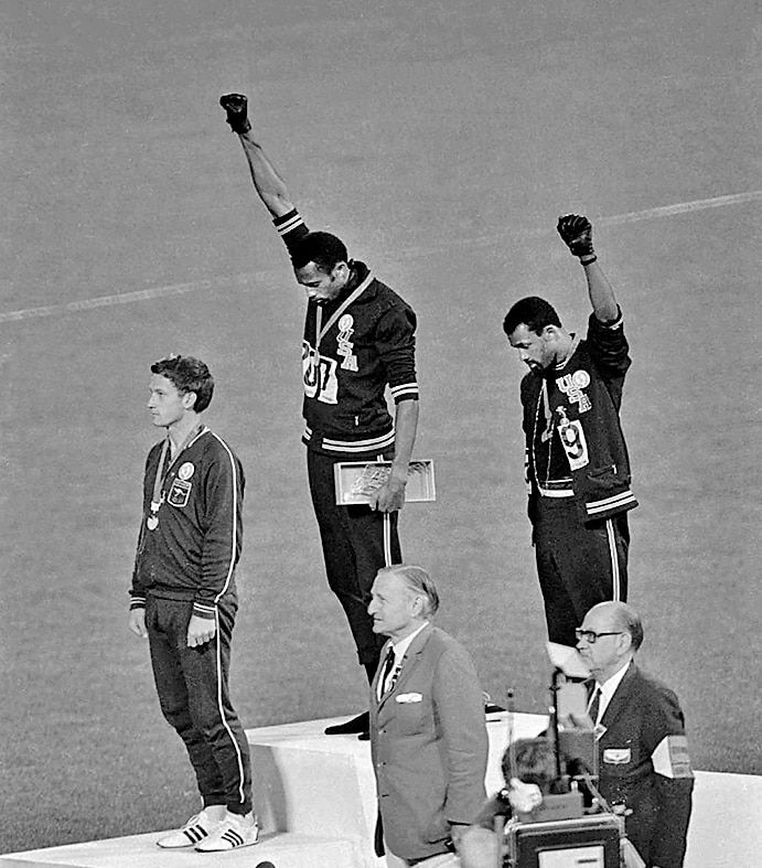 An iconic protest: The Black Power salutes by American sprinters Tommie Smith and John Carlos, at the 1968 Olympics in Mexico City. (Wikimedia Commons) An iconic protest: The Black Power salutes by American sprinters Tommie Smith and John Carlos, at the 1968 Olympics in Mexico City. (Wikimedia Commons)
