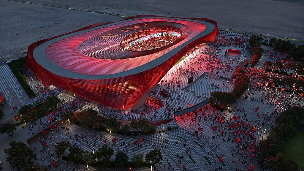 This one features a striking structural arch that supports the roof, and a unique sunken pitch. (Gensler) This one features a striking structural arch that supports the roof, and a unique sunken pitch. (Gensler)
