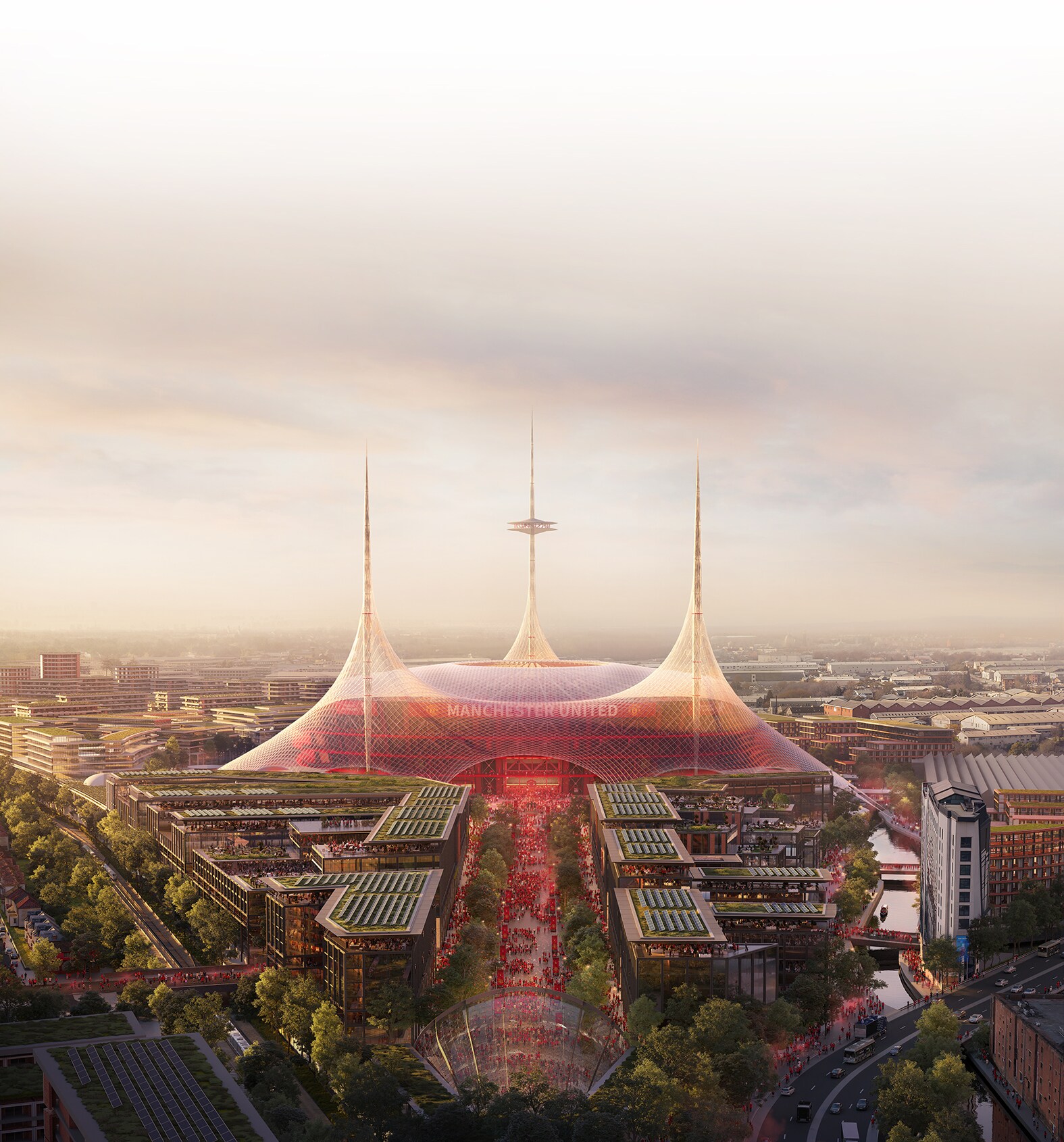 The three towering masts, inspired by the club’s trident emblem, will be visible from miles away. (Foster + Partners) The three towering masts, inspired by the club’s trident emblem, will be visible from miles away. (Foster + Partners)