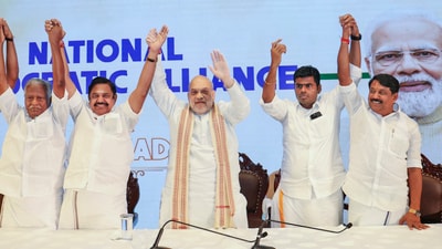 Union home minister Amit Shah with AIADMK general secretary Edappadi K Palaniswami, Tamil Nadu BJP president K Annamalai and others during a press conference, in Chennai, on Friday. (PTI) Union home minister Amit Shah with AIADMK general secretary Edappadi K Palaniswami, Tamil Nadu BJP president K Annamalai and others during a press conference, in Chennai, on Friday. (PTI)
