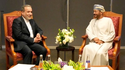 Iranian Foreign Minister Abbas Araghchi meets with Omani Foreign Minister Sayyid Badr Albusaidi in Muscat, Oman, April 12, 2025. (REUTERS)