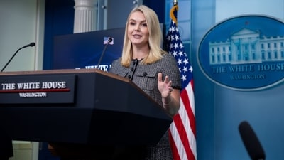 Karoline Leavitt, White House press secretary, during news conference in the James S. Brady Press Briefing Room of the White House in Washington, DC, US, on Friday, April 11, 2025. Photographer: Francis Chung/Politico/Bloomberg (Bloomberg)