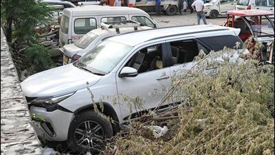 The car the dealer was travelling in when he was shot. (Sanchit Khanna/HT Photo) The car the dealer was travelling in when he was shot. (Sanchit Khanna/HT Photo)