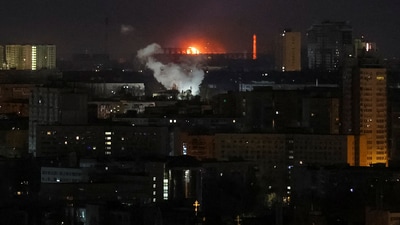 A drone explodes in the sky over the city during a Russian drone strike, amid Russia's attack on Ukraine, in Kyiv, Ukraine April 12, 2025. (REUTERS)